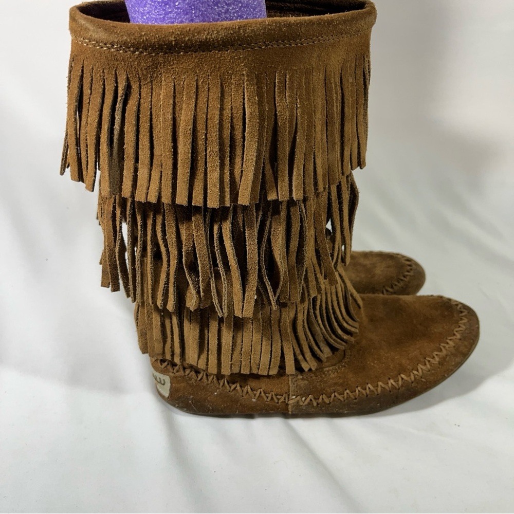 MAKALU CALIFORNIA NALANI SUEDE LEATHER BOOTS TIERED FRINGE GIRLS BROWN 3.5 YOUTH - Picture 3 of 13